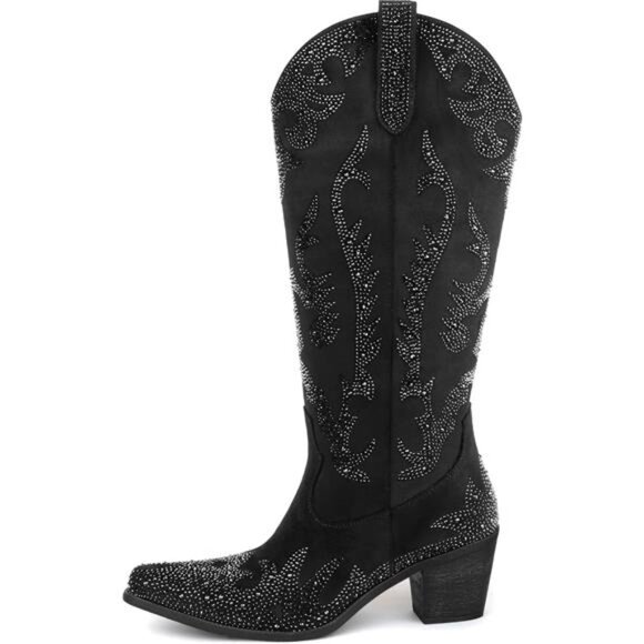 Women's Rhinestone Cowboy Boots Mid Calf Cowgirl Boots Pointed Toe Chunky Heel - Picture 2 of 7